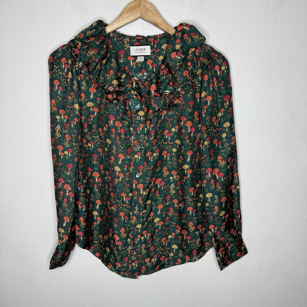 J. Crew Collection Silk Ruffle Collar Green Mushroom Top Long Sleeve Women's XS